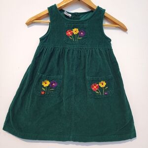 Vintage 1990s Samara Girls 5 Green Corduroy Floral Embroidered Jumper Dress